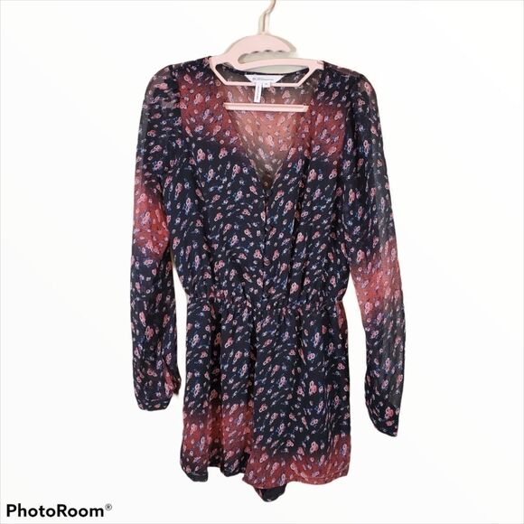 BCBGeneration Long Sleeve V Neck Floral Ombre Semi-Sheer Fall Button Up Romper - Picture 2 of 10